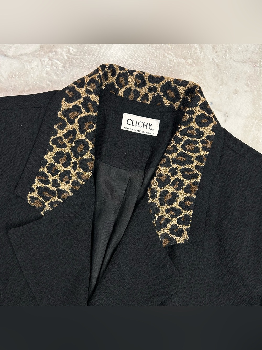 Vintage Clichy Black Leopard Jacquard Blazer L Made in Canada